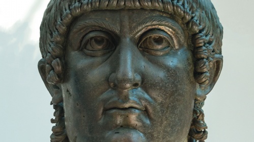 A colossal bronze bust of Roman Emperor Constantine the Great, who legalized a very different form of Christianity in his empire.
