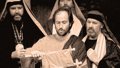 A photo illustration of the apostles and one of them is reading from a scroll.