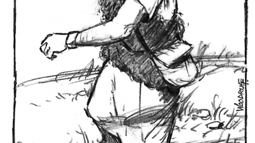 Illustration of David using a slingshot.