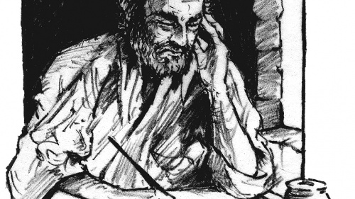 Illustration of John writing the book of Revelation.