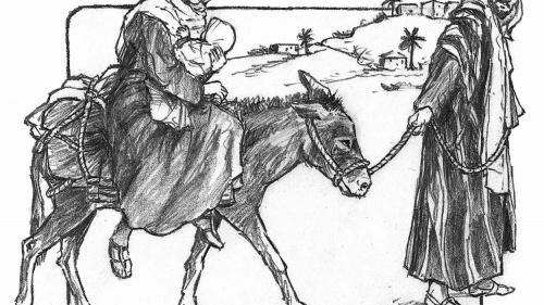 Illustration of Joseph and Mary fleeing to Egypt.
