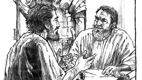 Illustration of Luke talking to Paul