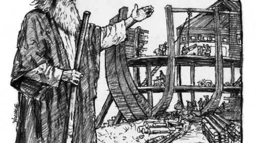 Illustration of Noah building the ark.