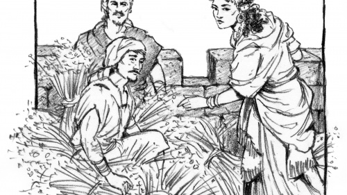 Illustration of Rahab hiding the spies.